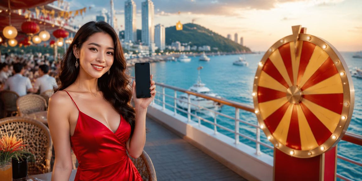 Người dùng tại Vũng Tàu thư giãn bên bờ biển và tham gia vòng quay may mắn trên điện thoại